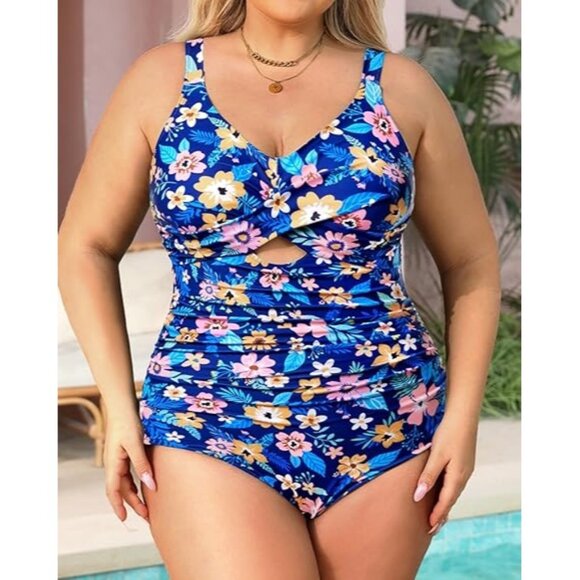 Daci Plus Size 18W One Piece Swimsuit Floral Twist Front Blue Ruched Swimwear - Picture 4 of 9